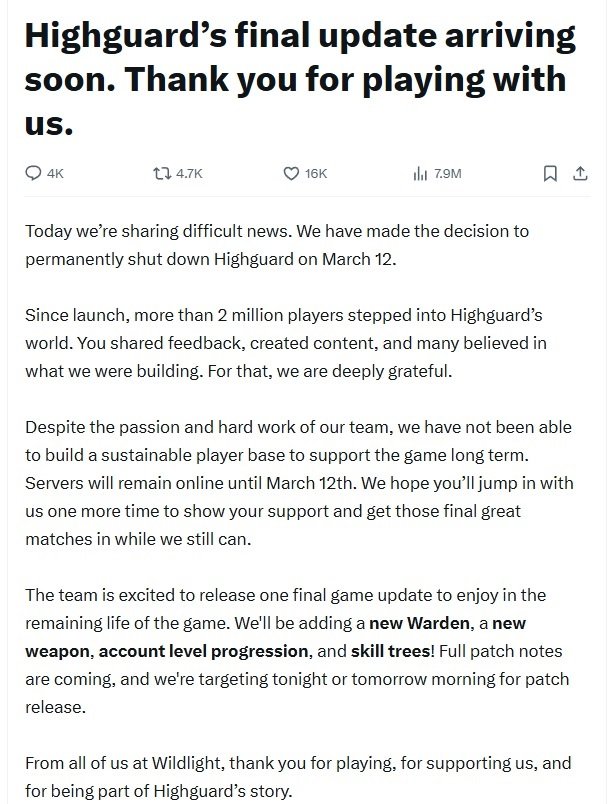 Highguard's Tweet about the shut down