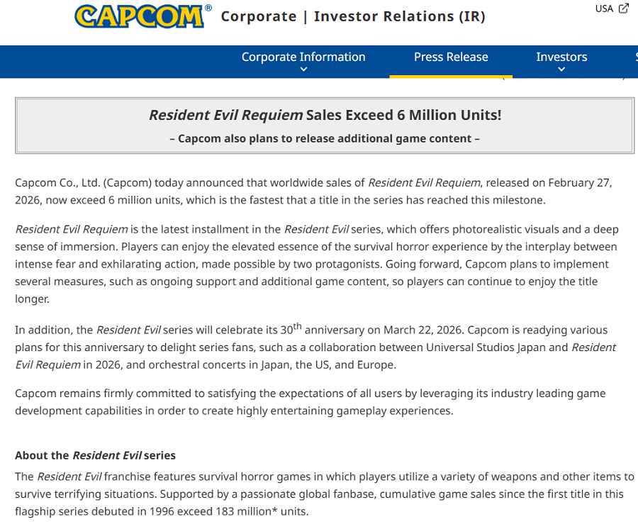 Resident Evil 9 Sells 6 Million