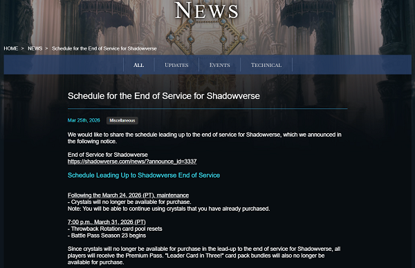 Shadowverse Shut Down Announcement
