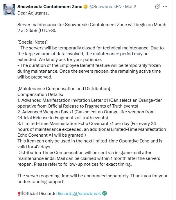 Official Message from the Snowbreak Developers