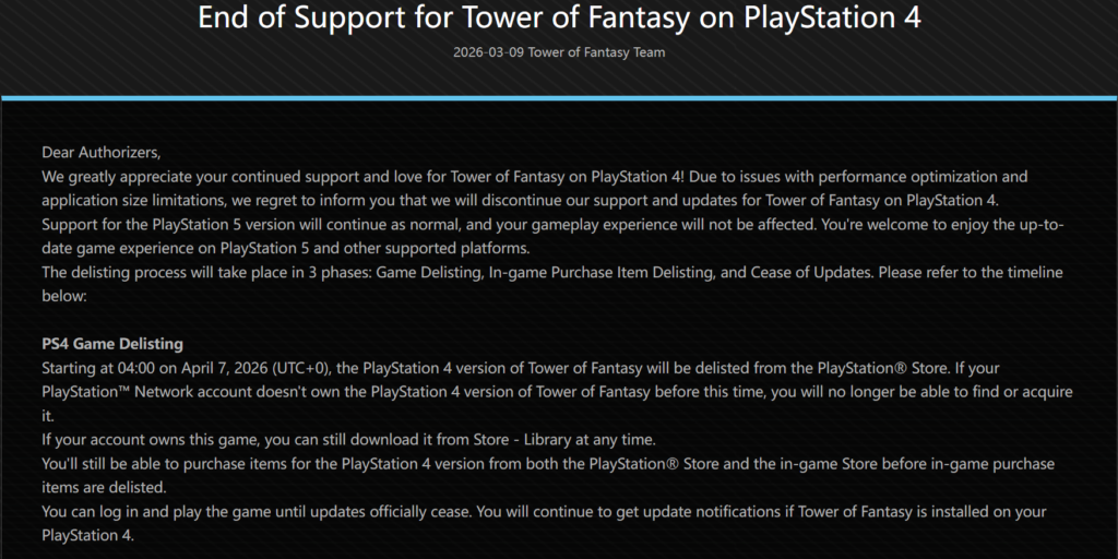 ToF Ending service for PS4