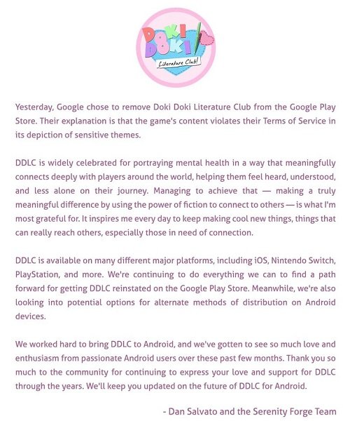 Message from the devs