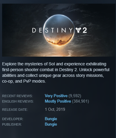 Destiny 2 Steam Page